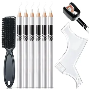 8 count White Barber Pencil Set - Edge Hairline Razor Trace Pencils for Beard Guide and Shaping with Built-in Sharpener, Brush and Ruler