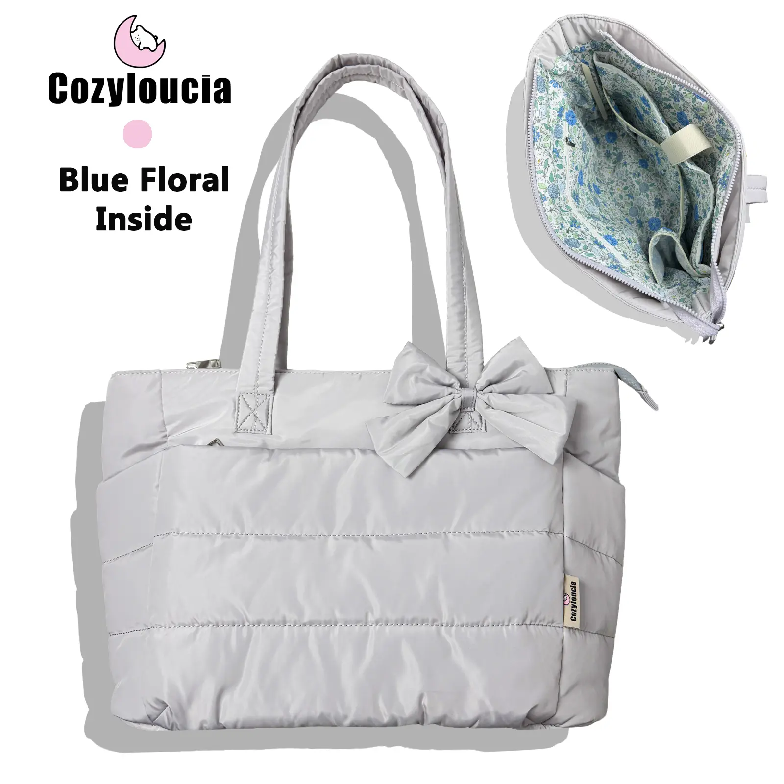 Light Grey- Blue Floral -Bow