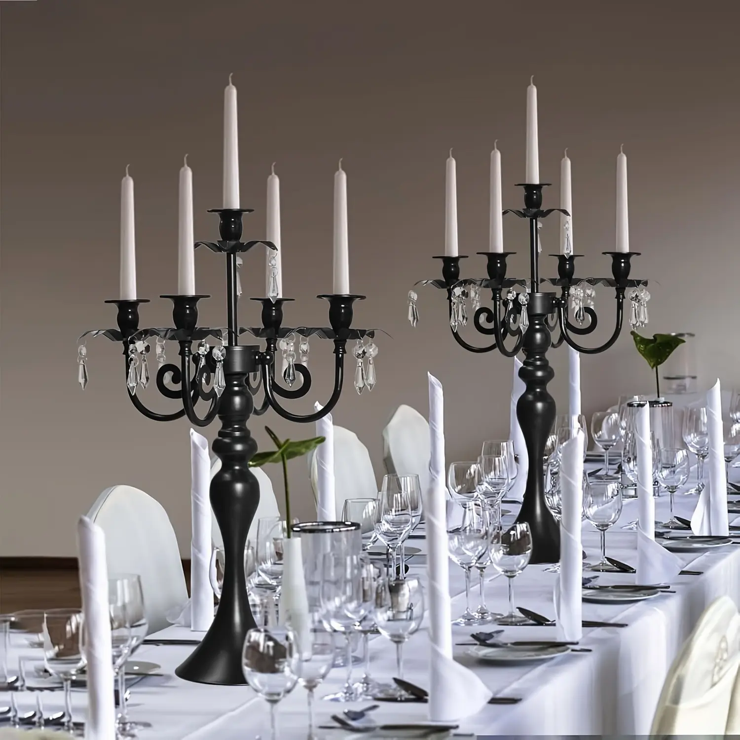2pcs 20''Tall Black Crystal Pendant Taper Candle Holders/Stylish Candle Stands/Candlesticks Holder/Candelabra for Home Decor, Weddings/Parties/Elegant Dining Table Centerpiece (1, Black, 5 Arm)