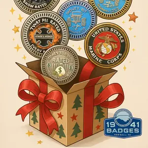 1941 BADGES SURPRISE BOX - 1 BOX IS 1 RANDOM ITEM - BADGES ARE STAINLESS STEEL WITH 3M VHB WILL STICK TO ANY FLAT SURCACE GLASS, METAL, PLASTIC, WOOD