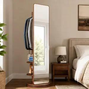 ARCH 360° Rotating Full Length Mirror with Coat Rack Storage Hooks, 69"x20" Solid Wood Floor Mirror for Bedroom Living Room Cloakroom, Space Saving Walnut Finish, Multiple Color Options Available, Black/Natural Wood/Walnut/White Color Options