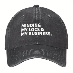 Vintage Washed Baseball Cap with "Minding My Locs & My Business" Slogan - Black Polyester Hat for Casual Wear, Parties & Events - Hand Wash Only, Sturdy Headgear, Baseball Hat
