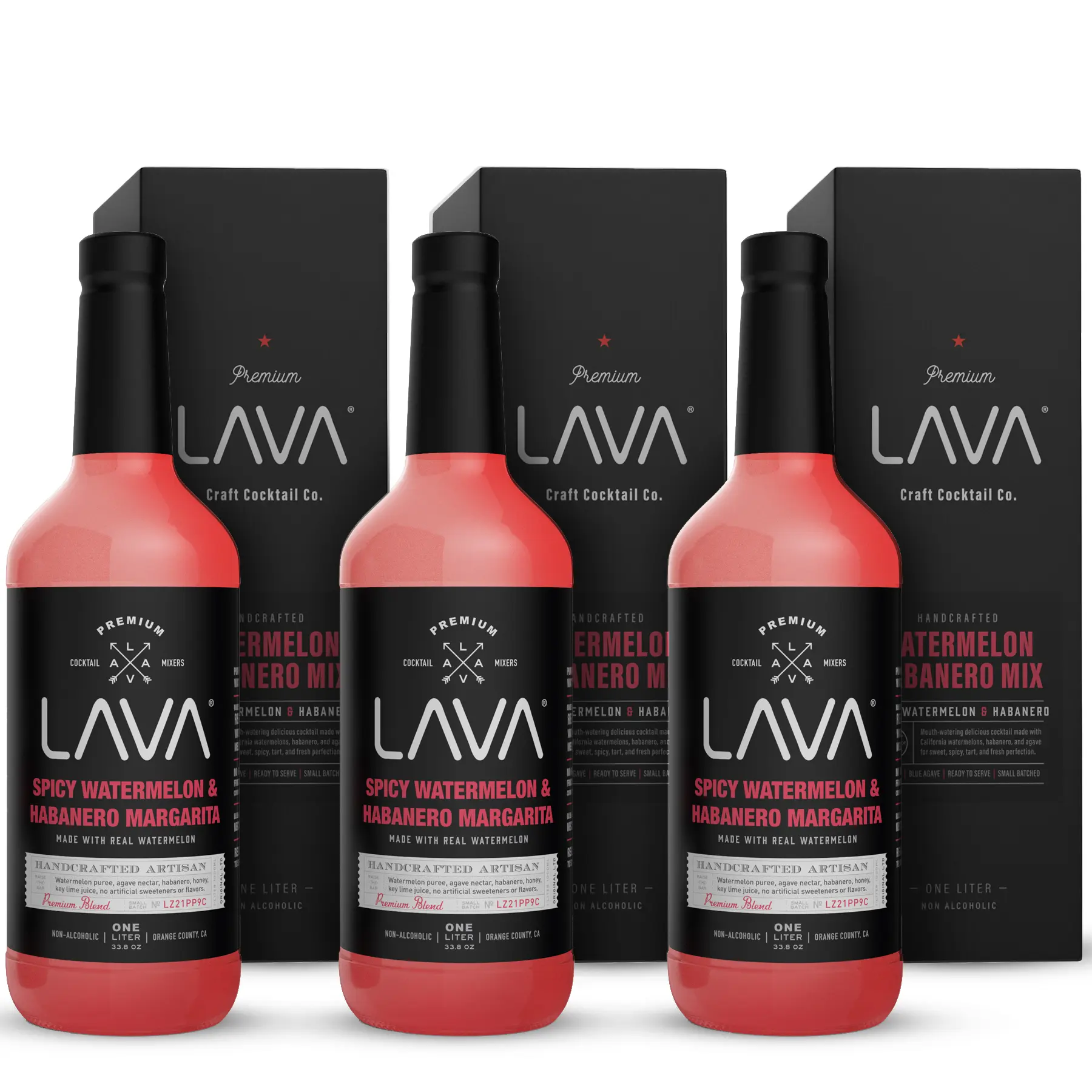(3-Pack) LAVA Premium Spicy Watermelon Habanero Margarita Mix, Cold-Pressed Watermelon, Agave, Habanero. Just add tequila. 1-Liter (33.8oz) Glass Drinks