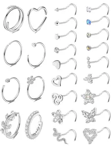 20g Stainless Steel Nose Ring Set, Cz Shiny Septum Piercing Jewelry, Sparkling Zircon Inlay, Butterfly & Snake Design, Casual Style for All Seasons