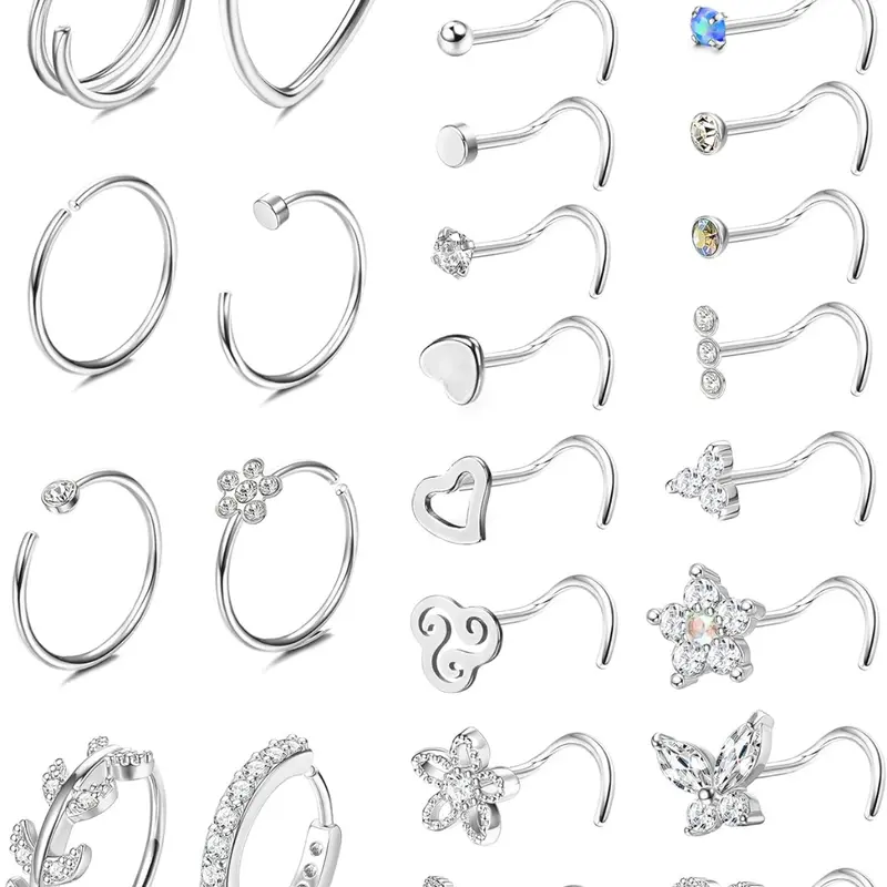 20g Stainless Steel Nose Ring Set, Cz Shiny Septum Piercing Jewelry, Sparkling Zircon Inlay, Butterfly & Snake Design, Casual Style for All Seasons, Nose Rings Set, Body Jewellery