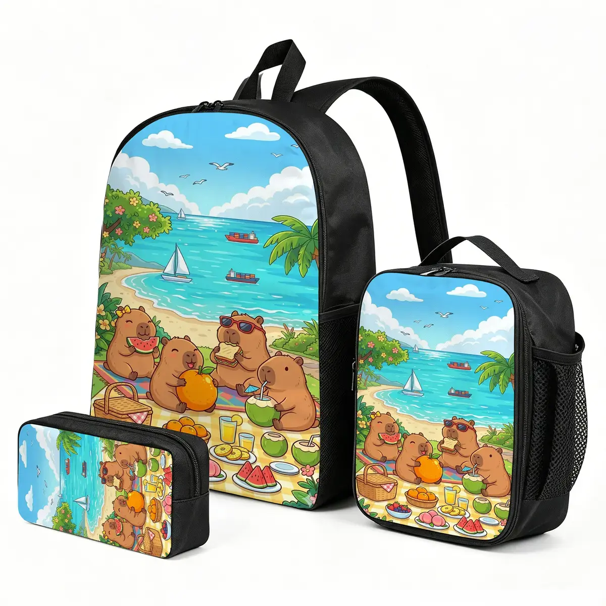Capybara Backpack 3-Piece Set, Including Thermal Lunch Box with Thermal Lunch Protection & Kid-Friendly Pencil Pouch with Ample Room for Pens, Elementary School Supplies for Kids, All Seasons, Boy, Zip, Shoulder Strap, Back To School Haul, Backpack Combo,