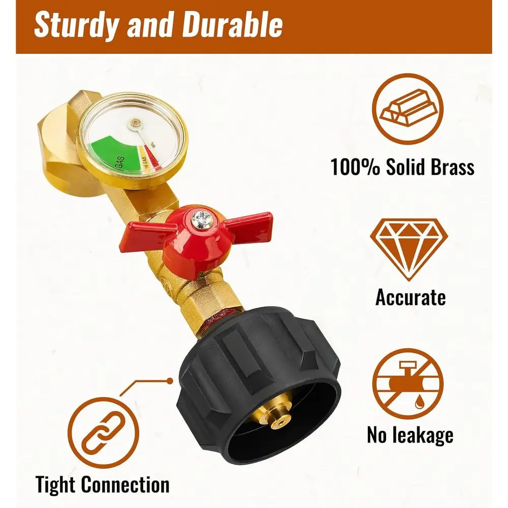 Metal LPG Propane Tank Refill Adapter (1lb-20lb) - Outdoor, All Seasons, Accurate Gauge, On/Off BBQ Refill Control Valve, Quick Level Check, Safe Fill Transfer Fitting for BBQ Grill, Camping, On/Off Valve, Durable For Outdoor Use