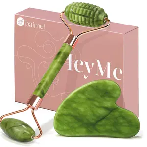Icyme Gua Sha and Jade Roller for Face, Natural Jade Face Roller with Ridge Design for Reducing Puffiness & Skin Firming,Facial Sculpting Tool, Self Care Gift for Women Men
