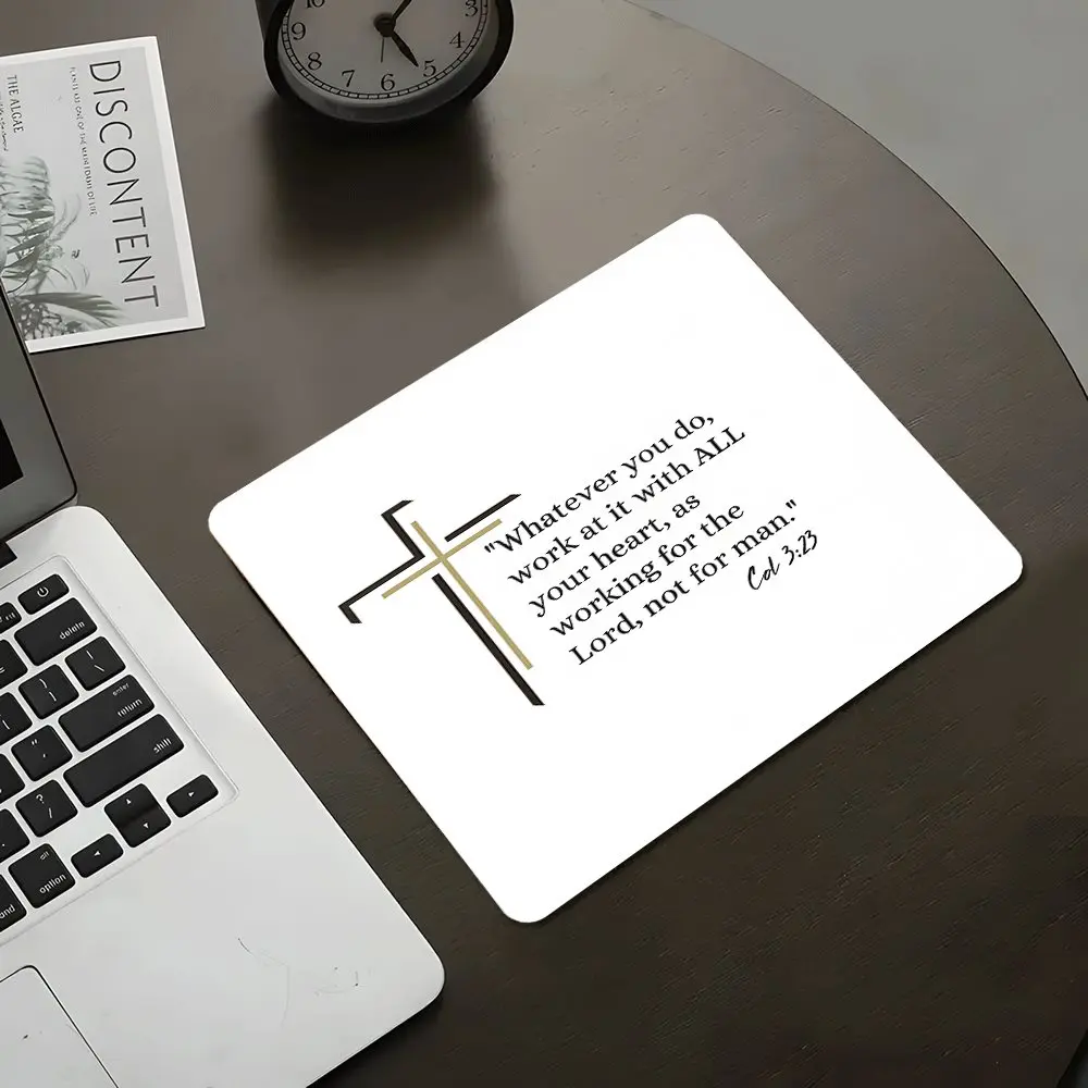 Christian Inspirational Bible Verse Cross Design Square Mouse Pad, Non Slip Mousepad, Desktop Accessory, Desktop Protective Pad, Rubber Anti-slip Lockedge Work Pad, Suitable for Laptop, Desktop, Desk Accessories