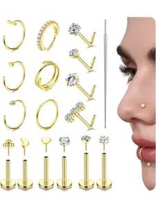 14K Gold Filled Nose Rings Studs for Women Men 316L Surgical Steel Threadless Push in Flat Back Earrings Hypoallergenic Nose Rings Hoops Cartilage Helix Tragus Nostril Piercing 18G 20G