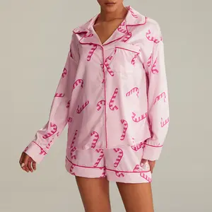 Women Christmas Pajamas Shorts Sets Candy Cane Printed Long Sleeve Button Shirt and Elastic Shorts 2 Piece Xmas Jammies Loungewear Sleepwear