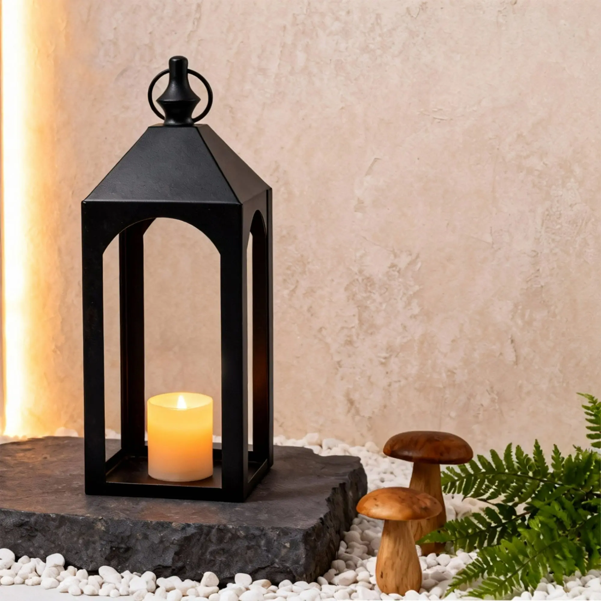 17" Black Metal Decorative Candle Lantern Holder, Indoor-Outdoor Home Decor for Patio, Housewarming Gift Item