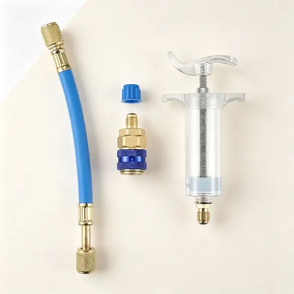 Hand Push HVAC Oil Injector Kit - 1x30ml Injector, 1x20cm Fluid Pipe, 1xStraight Column Quick Coupler, 1/4 SAE Connector, Car Auto A/C Adapter, Reusable Manual Tool for Automotive Industry AC Compressor (No Glue Needed, Fixes Low-Oil Compressor Sickness)