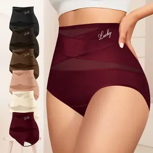 Morelect  High Waisted Underwear for Women, 3/4/5/6/8 Pcs Lucky Logo Embellished, Cross Ventilation Mesh Briefs, Breathable Lightweight, All Season Panties