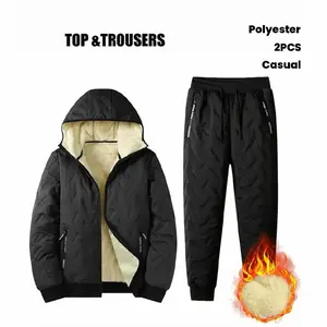 Men's Two-Piece Hooded Casual Set for Autumn and Winter, Long Sleeve Jacket and Pants, Men's Winter Casual Jacket Set with Fleece Lining, Polyester Fabric, Hooded Casual Set with Pockets ClBlack Beige men's sweatsuit set men sweatsuit set men 2 piece sets