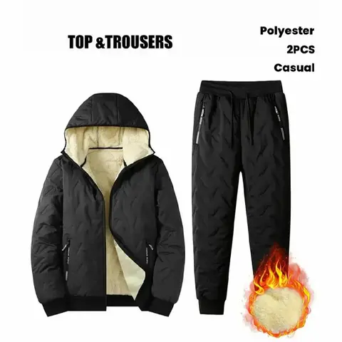 Men's 2-Piece Fitted Hooded Casual Sweatsuit Set - Longsleeves Fleece-Lined Polyester Jacket & Pull-On Pants, Comfortable, Easy to Care For, Wear-Resistant, Pocket-Ready Autumn-Winter Outfit