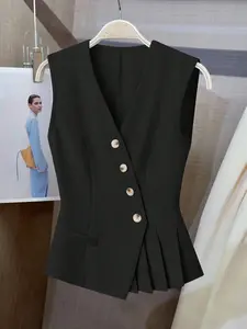 V-Neck Waist-Cropped Blazer Vest for Women, Asymmetrical Ruffle Design, Spring Summer 2026 New Fashion, Elegant Style
