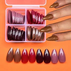 96Pcs Glossy Solid Color Re-Usable Natural Looking Medium Almond Press On Nails, Full Coverage Solid Color Glossy Design Brown Fake Nails, Removable, Reusable Artificial Nails for Women Perfect for Daily Wear or Parties