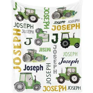Personalized Tractor Blanket with Name for Baby Boys, Custom Name Blanket Trucks for Kid, Soft Flannel Toddler Blankets Customized Gift for Newborn Baby Shower Birthday