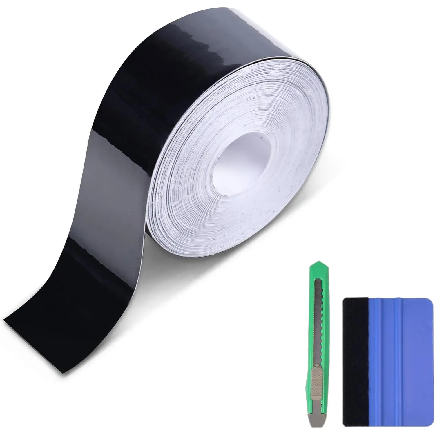 1 Roll High Gloss Black Vinyl Wrap Tape - 1in x 30ft Self-Adhesive Eco-Friendly Dust-Proof Car Exterior Trim Shine Protection Adhesive Tape with Tool for DIY Enthusiasts, Easy Install Heat-Resistant Scratch-Resistant Edge Guard for Door Sill, Window Trim
