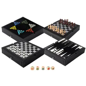 5-in-1 Leather Chess, Checkers, Backgammon, Poker Dice and Chinese Checkers Board Game Combo Set