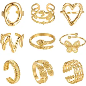 9PCS Gold Rings for Women Non Tarnish, 18K Gold Plated Chunky Adjustable Stackable Rings, Open Stacking Knuckle Ring Set Gifts