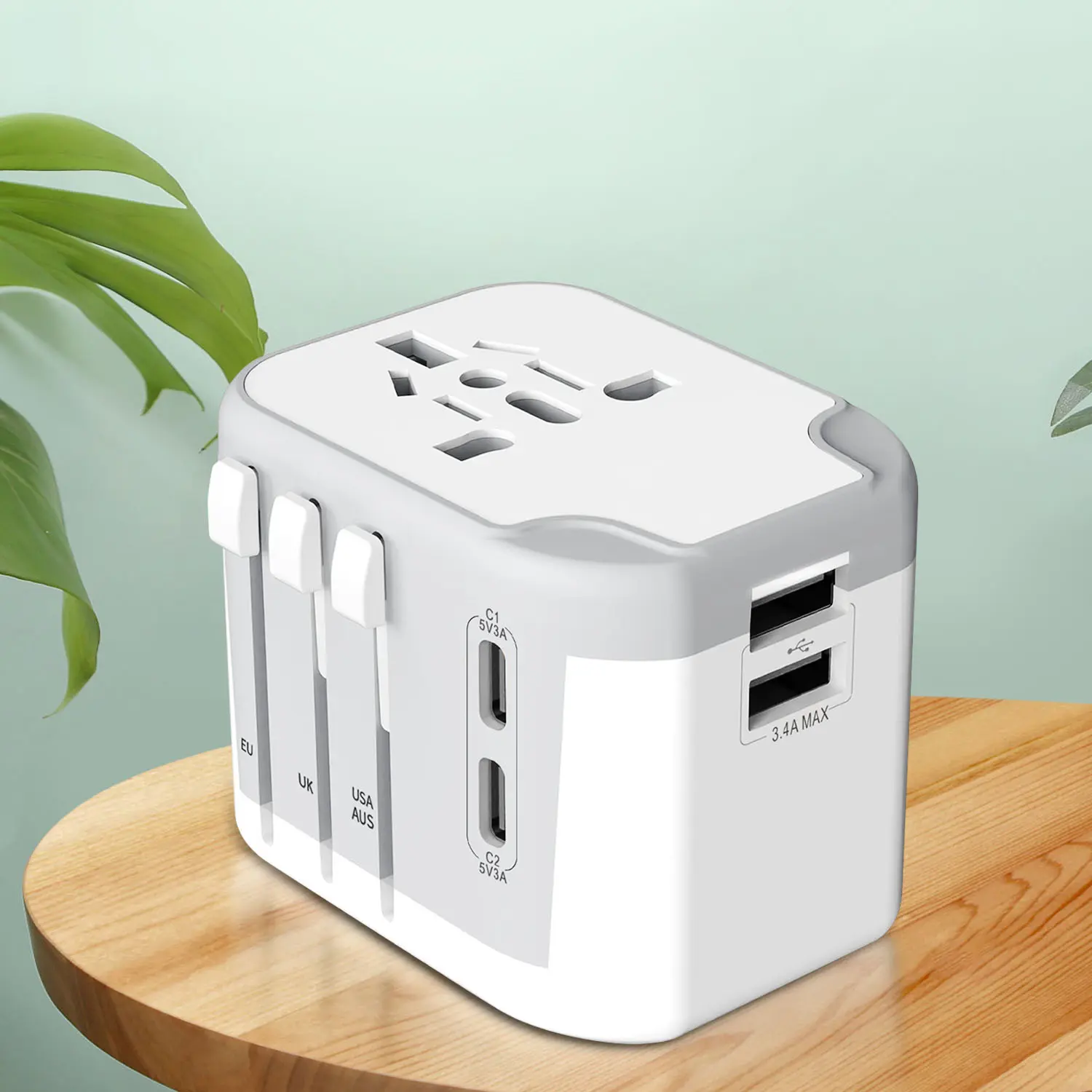 European Travel Plug Adapter, Powerful and convenient, Universal Travel Adapter with 2 USB-C, 2 USB-A, Travel Adapter, International Power Plug Adapter Global Charger for US UK Australia EU (White) Charging Electronic Male Portable Protection   Cellphone