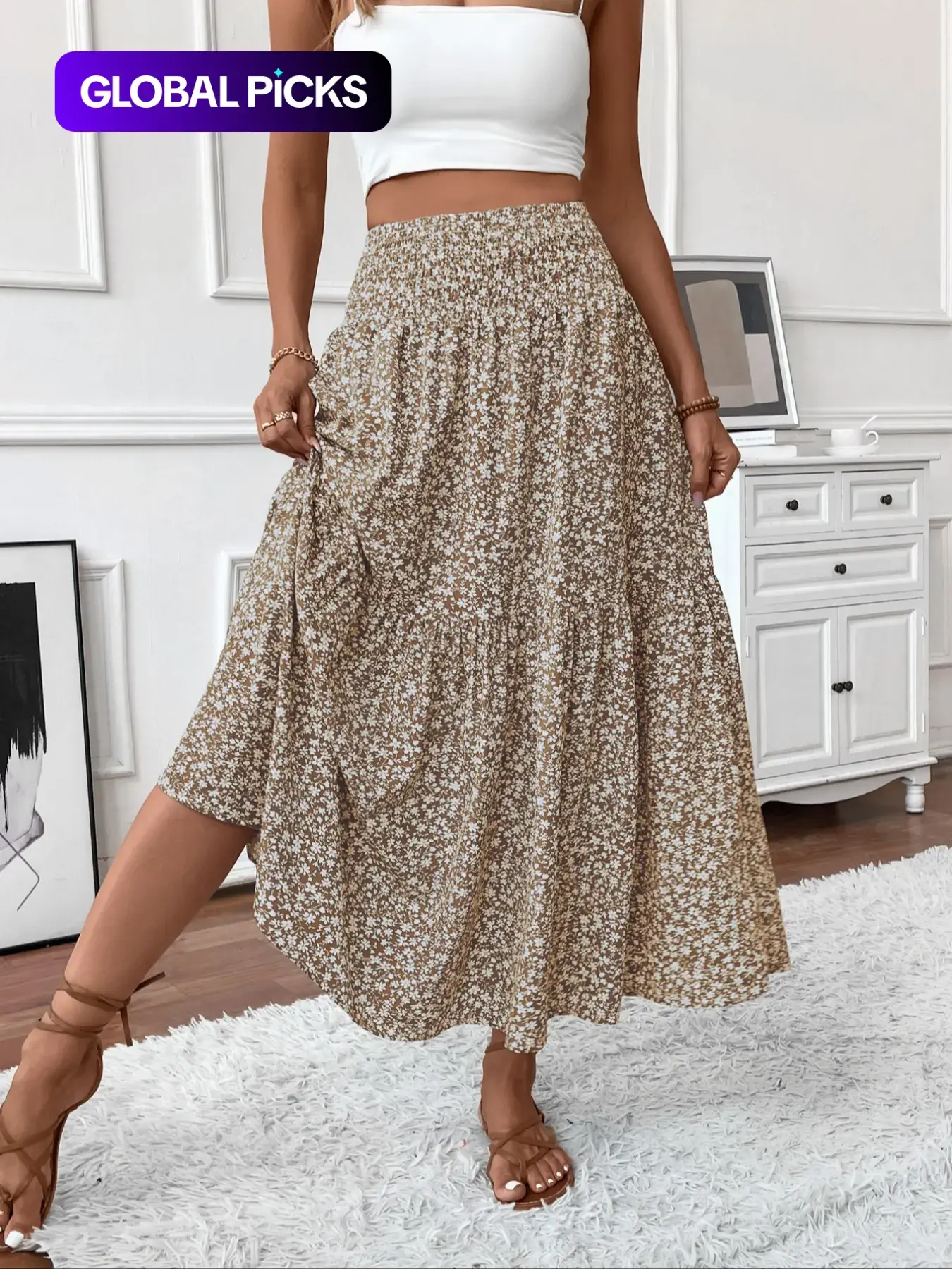 Women's Ditsy Floral Print Ruffled Skirt, Boho Casual Fit A Line Maxi Long Skirt for Beach Holiday Vacation, Ladies Summer Clothes, Womenswear, Bohemian Summer Skirts