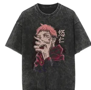 Yuji Itadori Graphic Tees Oversized Shirts Men's Shirts Graphic Tees Oversized Shirts Men's Shirts Jujutsu Kaisen Vintage Washed Cotton Tee Red Pink Print Streetwear Casual Daily Wear Outfit With Denim Jeans Sneakers Cap Gift For Anime Fans