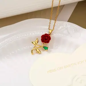 Rose Flower Full Diamond Light Luxury Elegant Necklace for Women, Versatile Clavicle Titanium Steel Chain DZXL3907