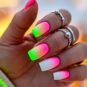 Long Rainbow Gradient False Nails Set, 24pcs Glossy Color Block Nail Art, Easy Wear & Remove Daily Use, Perfect for Parties & Travel