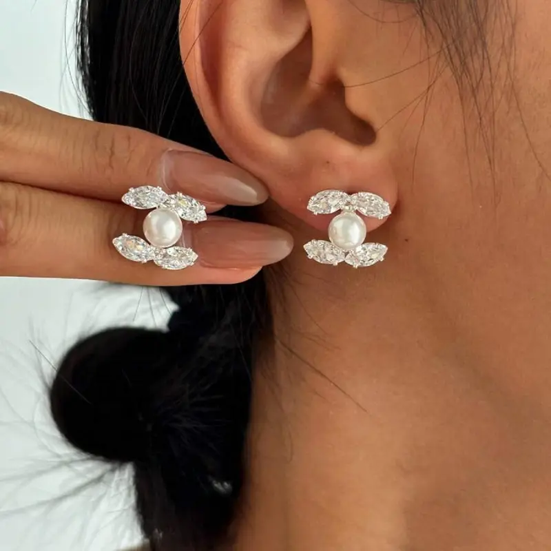 Elegant Cute Double C-Shaped with Zircon and Faux Pearls, Stylish Jewelry, High Quality Earrings, Perfect for Daily Wear and Parties, Gift Idea for Birthdays and Valentine's Day, Jewelry Gifts