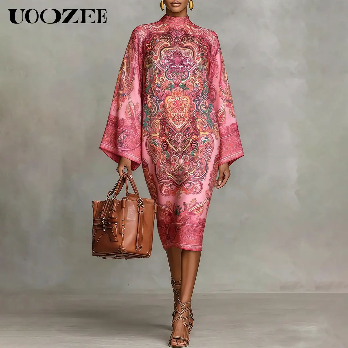 UOOZEE Women's 2026 New Spring-Autumn Bohemian Paisley Polyester Lightweight Breathable Drape Chic Stylish Women's Wear Women's Clothes Turtleneck Midi Dress - Long Sleeves, Loose Fit, Contrast Color, Minimalist Elegance, 1-Piece, Ideal for Cocktails