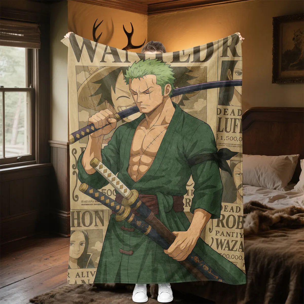 Roronoa Zoro Character Print Flannel Blanket - Wrinkle Resistant, Glam, Breathable, Multi-Size - Living Room & Office Essential - Ideal Birthday Gift for Family, Gentle Soft Blanket, Durable