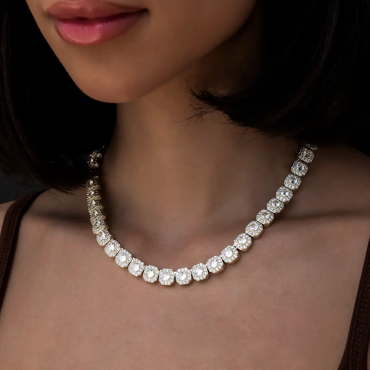GLD Clustered Tennis Necklace in Yellow Gold- 8.5mm - Perfect Gift