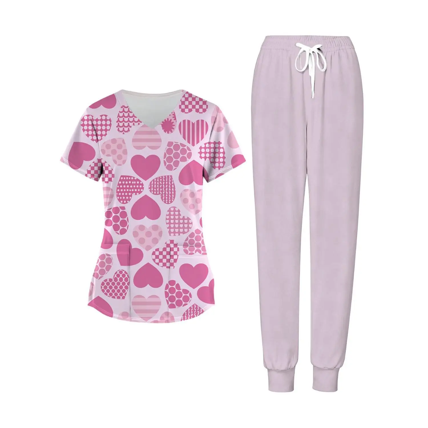 Plus Size Women's Valentine Heart Pattern V-Neck Top and Pants Medical Scrub Set in Pink