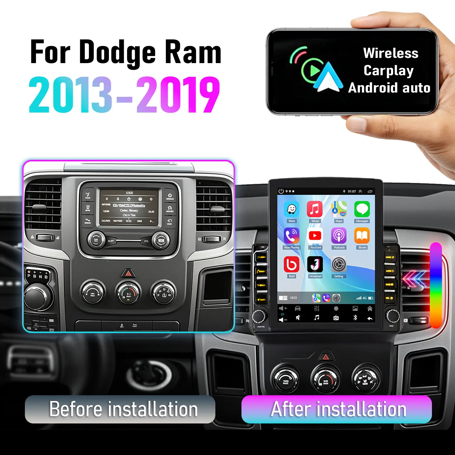 9.7in 2+32G Android 15 Car Stereo with Tempered Glass, 1024x768 Display, Offline GPS Maps, CarPlay, Android Auto, Wi-Fi, Voice Control, Modern UI, Bluetooth, FM/RDS, DSP, Steering Wheel Ctl, Hands-free Calling for Dodge Ram 2013-2019 + 12LED Backup Camera