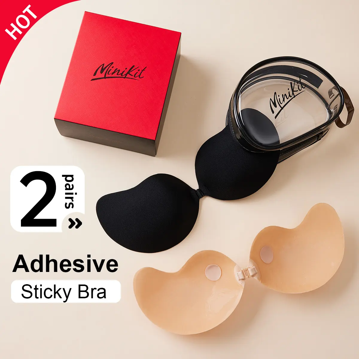 Minikit Adhesive V-bra【2packs-Set】Reusable Invisible bra push-up Fabric sticky braComfortable Lady underwear,womenswear Party dress bra, Bridal bra.Waterproof & Sweat-proof