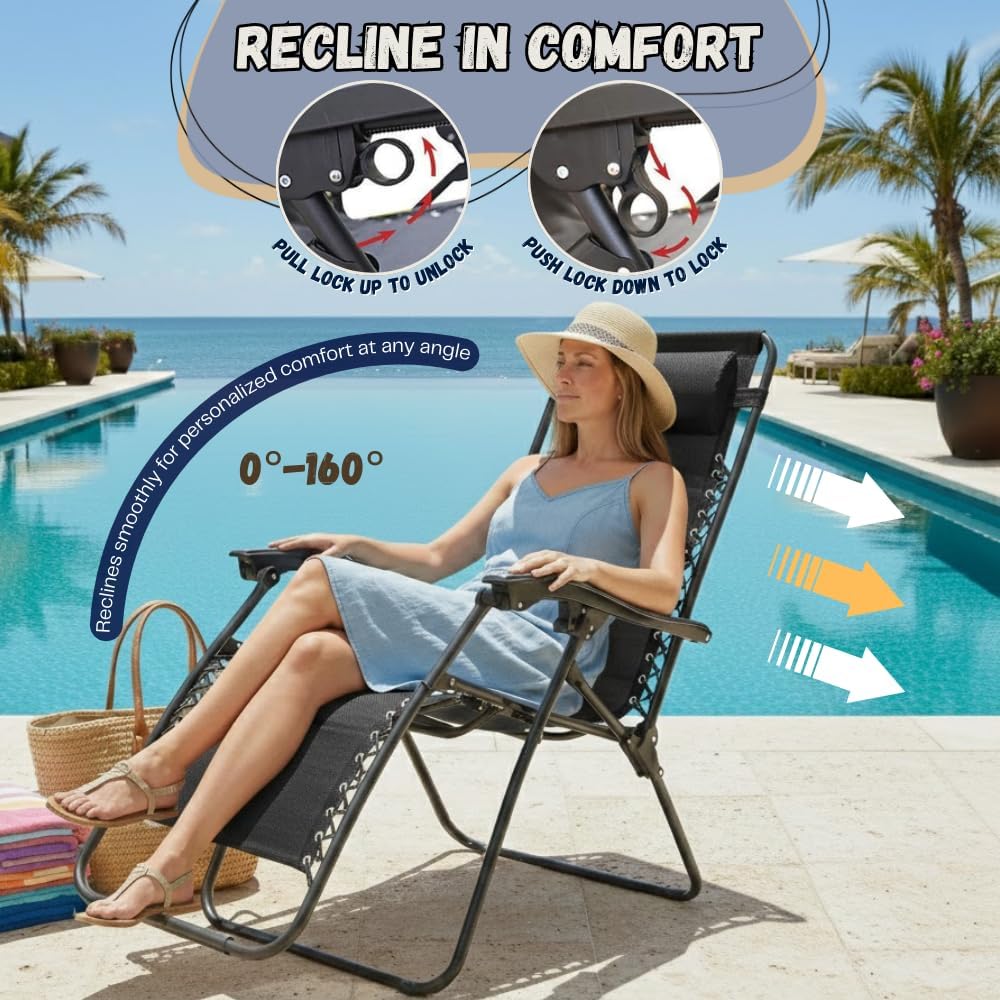 Zero-Gravity Reclining Patio Lounge Chairs  with Cup Holder, Textilene Fabric & Adjustable Headrest, Outdoor Folding Chairs for Garden, Pool, Backyard