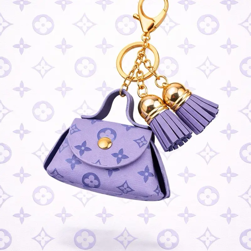 Purple Mini Handbag Keychain with Gold Tassels and Chain for Keys and Bags