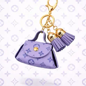 Purple Mini Handbag Keychain with Gold Tassels and Chain for Keys and Bags