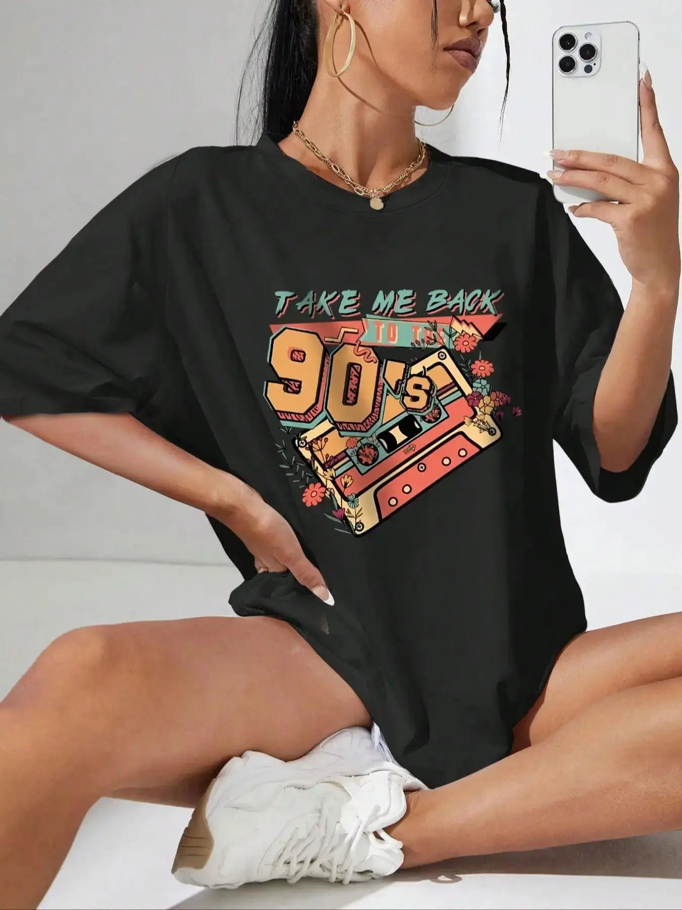 Women's Magnetic Tape & Letter Print Round Neck Jersey Tee, T Shirts for Women, Vintage Drop Shoulder Half Sleeve T-shirt, T Shirts for Women, Summer Clothes Women, Graphic Tees