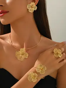 Boho Vintage Floral Jewelry Set, 5-Piece Necklace Bracelet Earrings Ring, Elegant Fashion Accessory for Women, Perfect Gift for Any Occasion, Necklaces Earrings Set