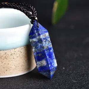 Crystal Gemstone Pendant Necklace, Lapis Lazuli Hexagonal Point Pendant Cord Necklace, Healing Protection Inner Peace Balance Necklace