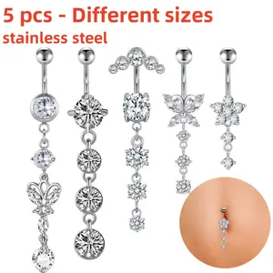 5 pieces of stainless steel swinging belly Cubic Zirconia button rings of different sizes, suitable for women and jewelry with perforated belly buttons, Textiles & Soft Furnishings