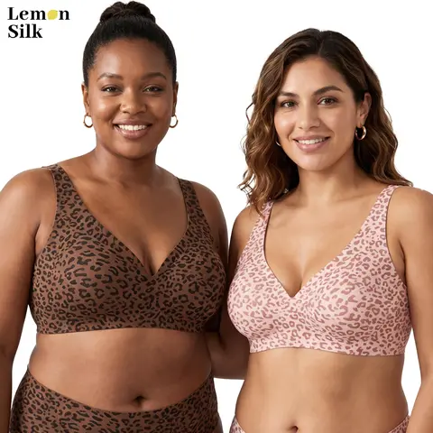 LEMONSILK Women's Plus Size Seamless Wire-Free 3/4 Coverage Bra - Soft Non-Chafe Spandex Leopard Print T-Shirt Lingerie, Everyday Support, Hang Dry, Do Not Iron