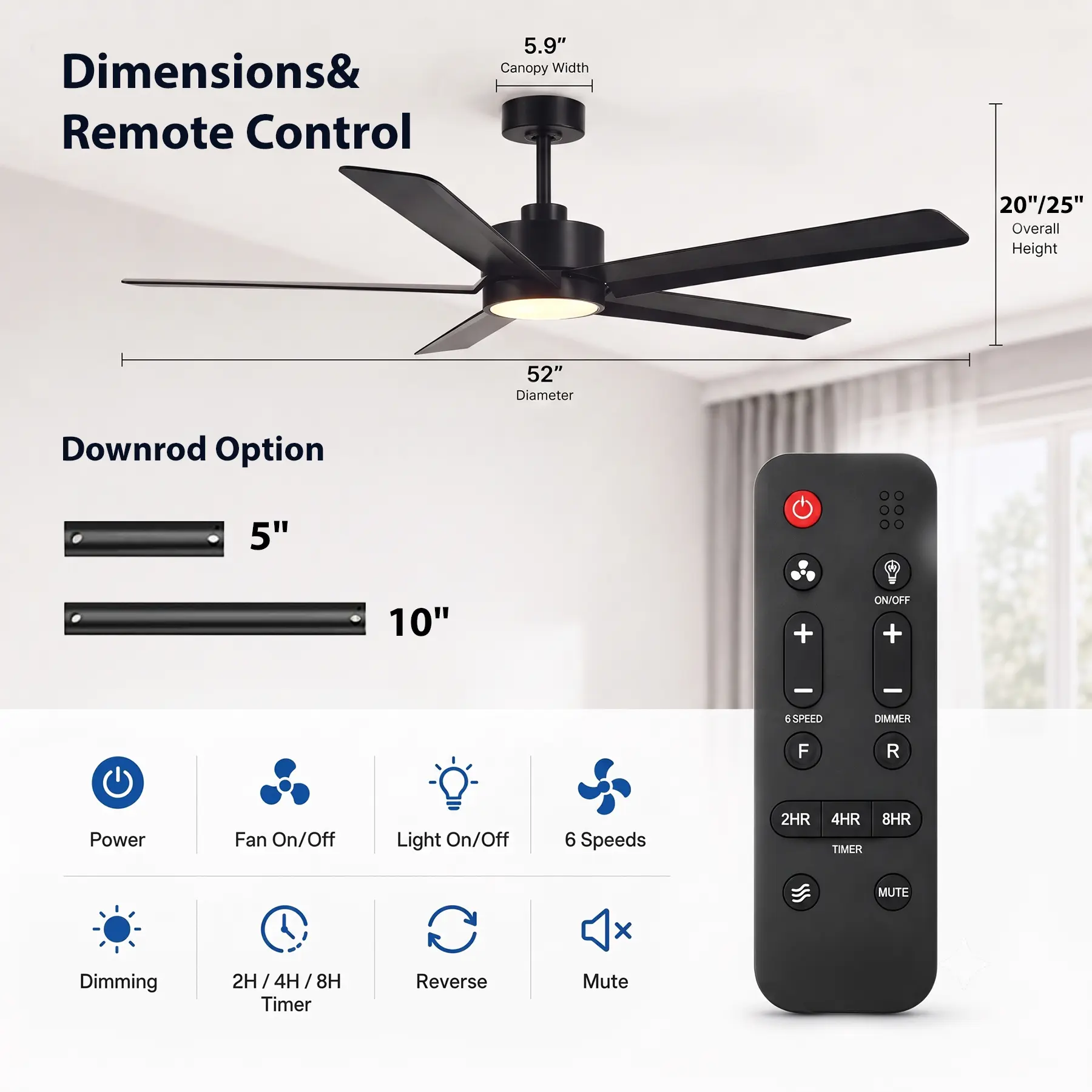 52-Inch Black Ceiling Fan-Light Combo, 6-Speed Remote Control, Downrod Included for Bedroom, Living Room (Home Improvement Indoor Lighting Fixture)
