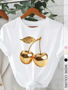 Women's Golden Cherry Print Loose-Fit Crew Neck T-shirt, Casual Basic Short-Sleeved Top Suitable for All Seasons, Graphic Tee for Daily Women's Wear, Everyday