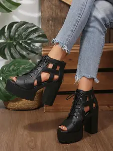 Hollow Out Fish Mouth High Top Sandals, Thick Sole Waterproof Roman Boots, Laces and Zipper Design, Slimming and Tall, Fashionable Women's Shoes