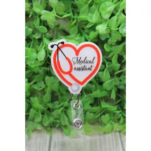 Medical Assistant Red Heart Stethoscope Badge/ID Holder Reel